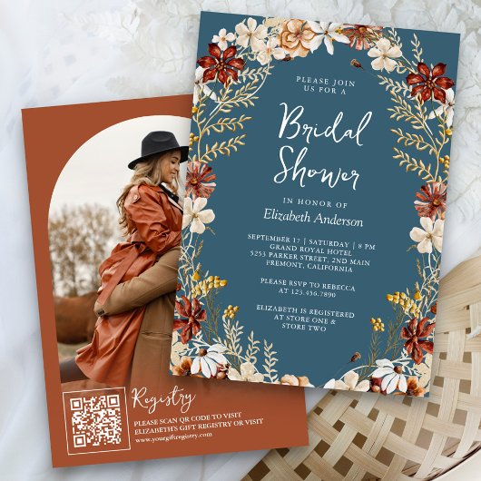 Terracotta Wildflower Dusty Blue Vrijgezellenfeest Kaart