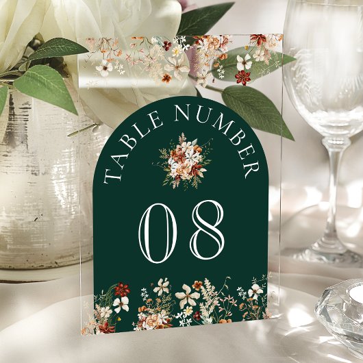 Terracotta Wildflower Emerald Acrylic Table Number Acryl Uitnodigingen