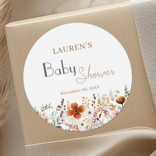 Terracotta Wildflower Genderneutraal Baby shower Ronde Sticker