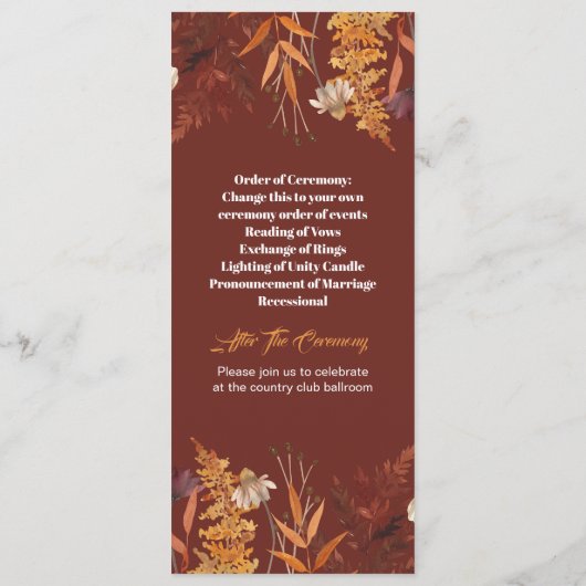 Terracotta Wildflower herfst herfst bruiloft progr Programmakaart (Achterkant)