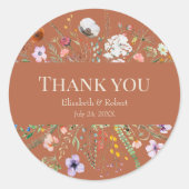Terracotta Wildflower Meadow Bruiloft Dank u Ronde Sticker (Voorkant)