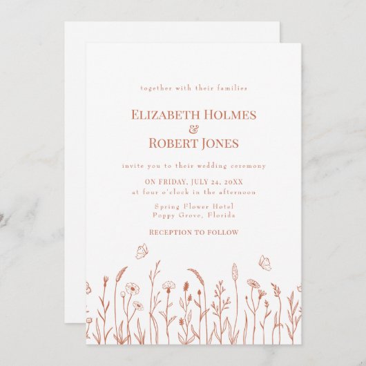 Terracotta Wildflower Meadow Bruiloft Uitnodiging (Voorkant / Achterkant)