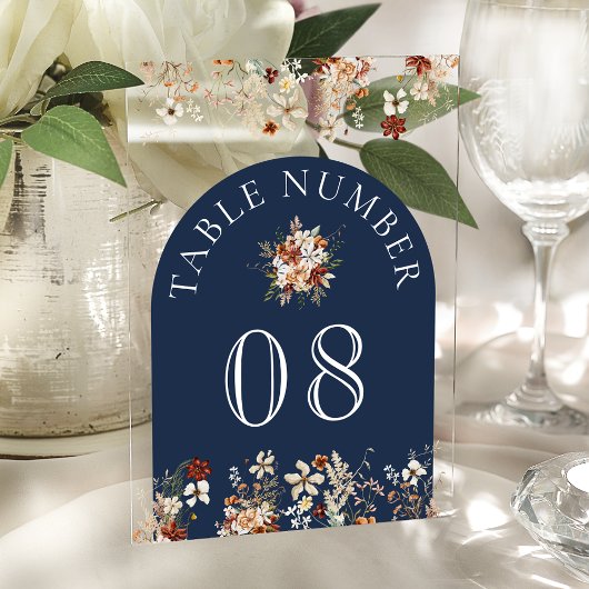 Terracotta Wildflower Navy Acrylic Table Number Acryl Uitnodigingen