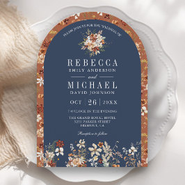 Terracotta Wildflower Navy Blue Arch Wedding Kaart