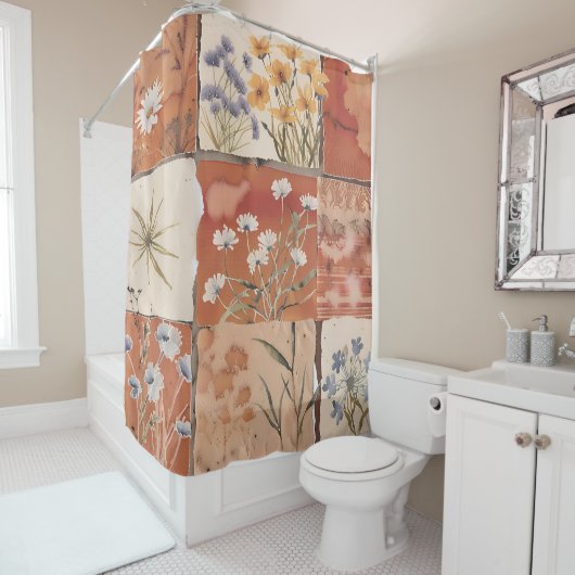 Terracotta Wildflower Patchwork Boho Rustic Spring Douchegordijn (In situ)