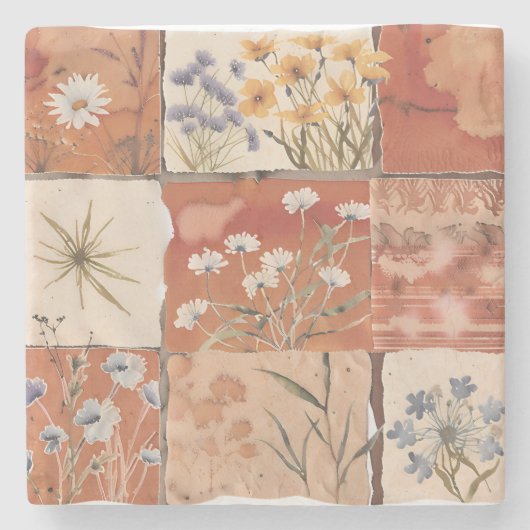 Terracotta Wildflower Patchwork Rustiek Boho Sprin Stenen Onderzetter (Voorkant)