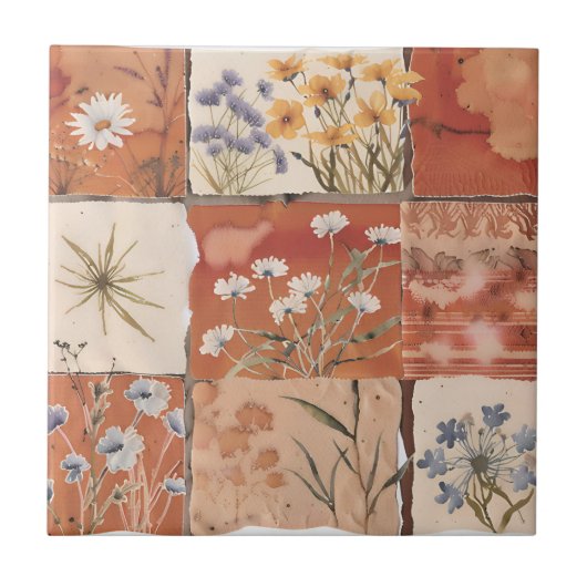 Terracotta Wildflower Patchwork Rustiek Boho Sprin Tegeltje (Voorkant)