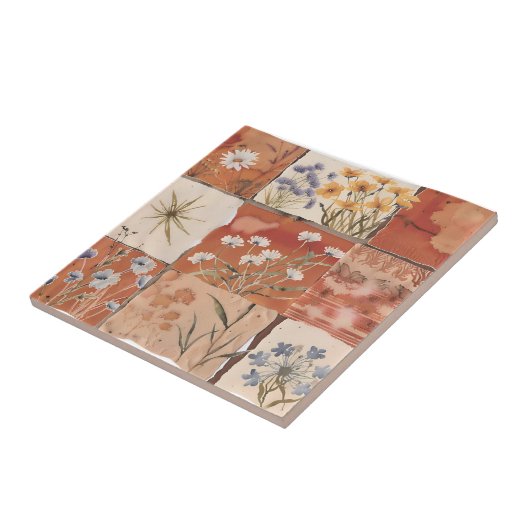 Terracotta Wildflower Patchwork Rustiek Boho Sprin Tegeltje (Zijkant)