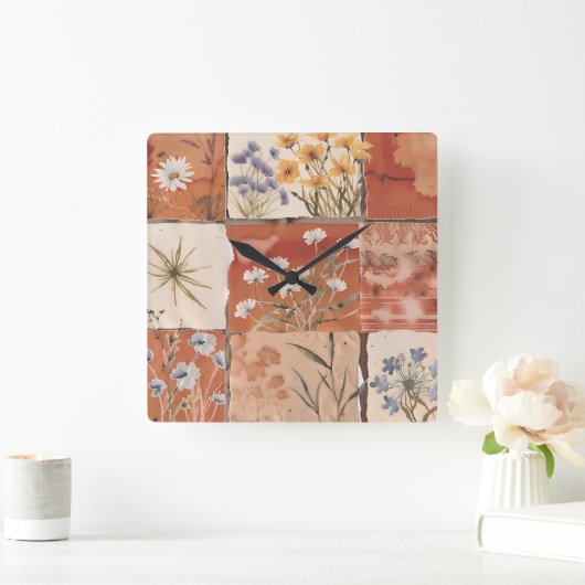 Terracotta Wildflower Patchwork Rustiek Boho Sprin Vierkante Klok (Huis)