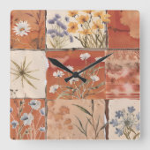 Terracotta Wildflower Patchwork Rustiek Boho Sprin Vierkante Klok (Voorkant)