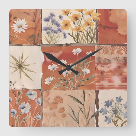 Terracotta Wildflower Patchwork Rustiek Boho Sprin Vierkante Klok (Voorkant)