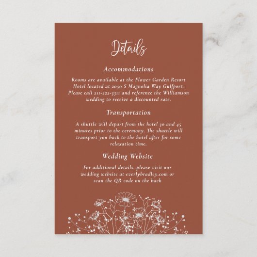 Terracotta Wildflower QR Code Details Bruiloft Informatiekaartje (Voorkant)