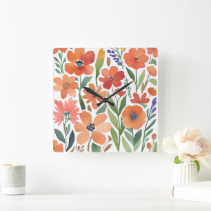 Terracotta Wildflower Rustiek Boho Wall Accent Vierkante Klok