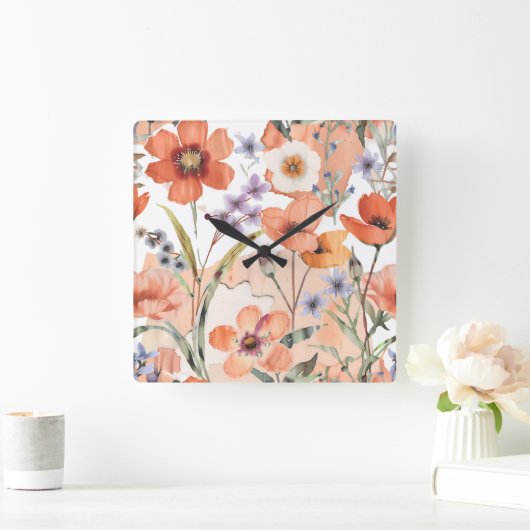 Terracotta Wildflower Rustiek Boho Wall Accent Vierkante Klok (Huis)