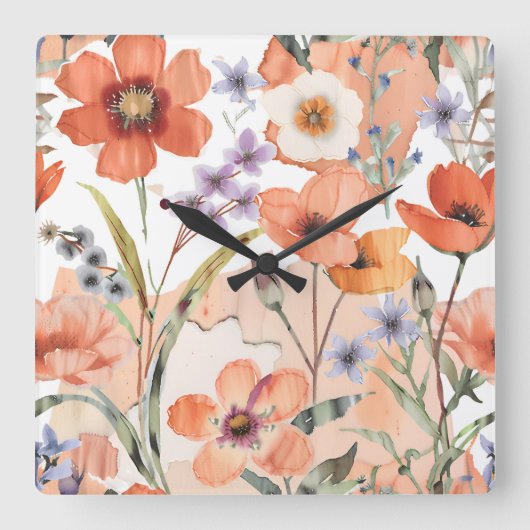 Terracotta Wildflower Rustiek Boho Wall Accent Vierkante Klok (Voorkant)