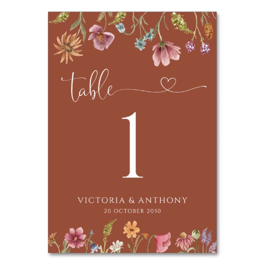 Terracotta Wildflower Trouwtafel Nummers Kaart (Voorkant)