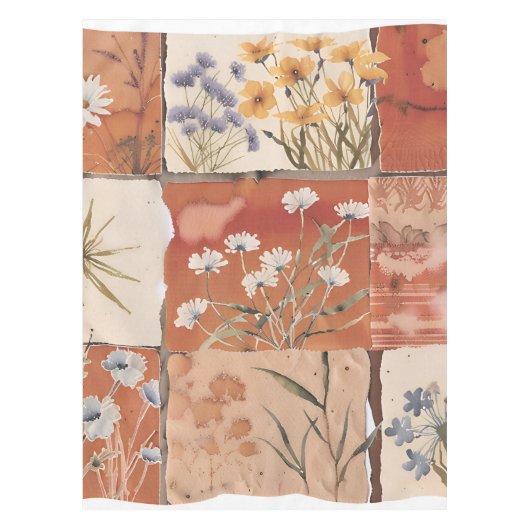 Terracotta-wildflowerpatchwork rustieke boho-lente tafelkleed (Voorkant)