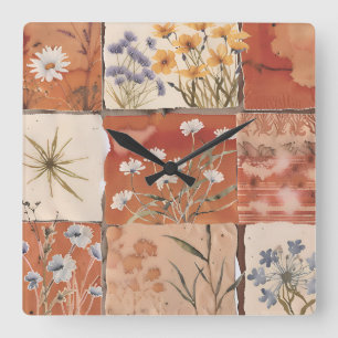 Terracotta-wildflowerpatchwork rustieke boho-lente vierkante klok