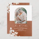 Terracotta Witte Bloemen Boho Bewaar de Datum Foto Save The Date (Voorkant / Achterkant)