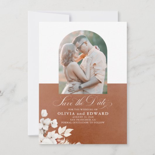 Terracotta Witte Bloemen Boho Bewaar de Datum Foto Save The Date (Voorkant)