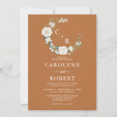 Terracotta & Witte Bloemen Monogram krans bruiloft Kaart (Voorkant)