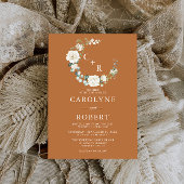 Terracotta & Witte Bloemen Monogram krans bruiloft Kaart