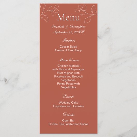 Terracotta Witte Bloemige Botanische Trouwmenu Menu (Voorkant)