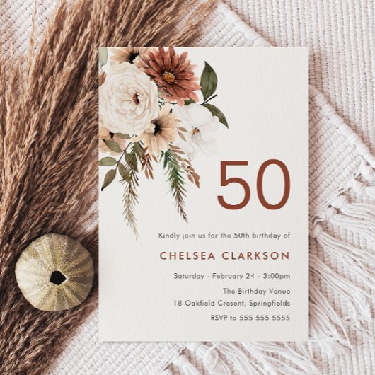 Terracotta & Witte Boho Bloemen 50ste Verjaardagsf Kaart