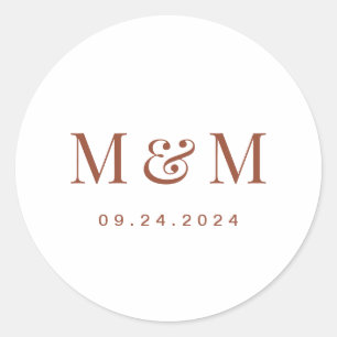 Terracotta & Witte Monogram Typografie Trouwdag Ronde Sticker