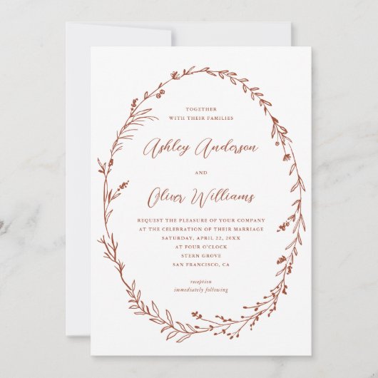 Terracotta Witte Rustieke Wildflower Krans Bruilof Kaart (Voorkant)