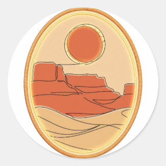 Terracotta Woestijnzon — Minimalistische Lijnkunst Ronde Sticker