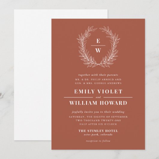 Terracotta Wreath Monogram Wedding Uitnodiging (Voorkant / Achterkant)
