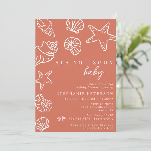 Terracotta Zee You Soon Coastal Beach Baby shower Kaart (Staand voorkant)