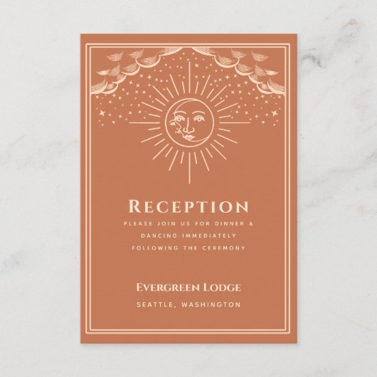 Terracotta zon en maan tarot bruiloft receptie informatiekaartje (Voorkant)
