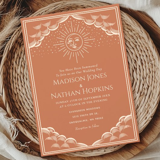 Terracotta zon en maan tarot gotische bruiloft kaart