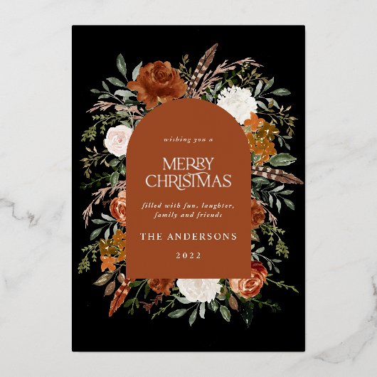 Terracotta zwarte bloemboog moderne kerstfolie folie feestdagenkaart (Voorkant)