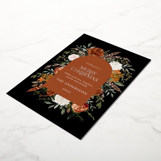 Terracotta zwarte bloemboog moderne kerstfolie folie feestdagenkaart (Gedraaid)