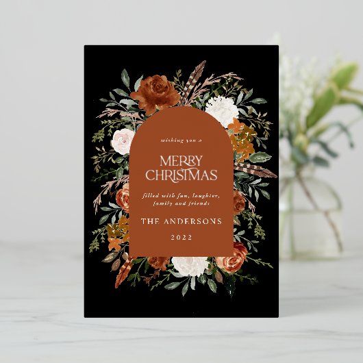 Terracotta zwarte bloemboog moderne kerstfolie folie feestdagenkaart (Staand Voorkant)