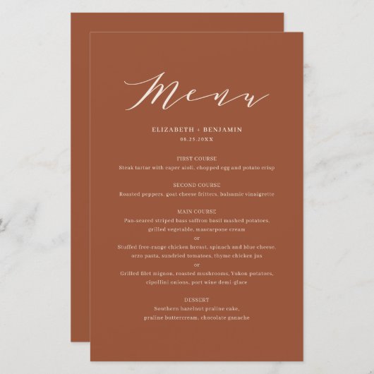 Terracottta Minimalist Script Wedding Menu Kaart (Voorkant / Achterkant)