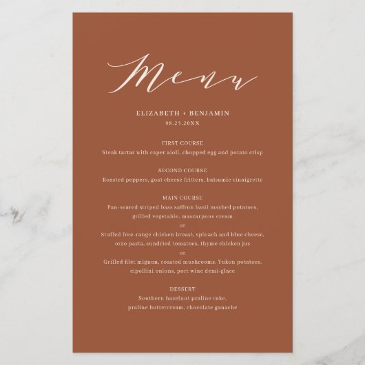 Terracottta Minimalist Script Wedding Menu Kaart (Voorkant)