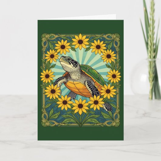 Terrapin en Black Eyed Susan Bloemen Art Nouveau Feestdagen Kaart (Voorkant)
