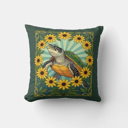 Terrapin en Black Eyed Susan Bloemen Art Nouveau Kussen (Voorkant)