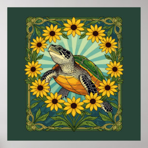 Terrapin En Black Eyed Susan Bloemen Art Nouveau Poster