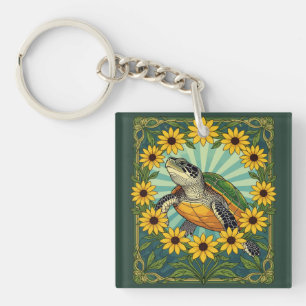 Terrapin En Black Eyed Susan Bloemen Art Nouveau Sleutelhanger
