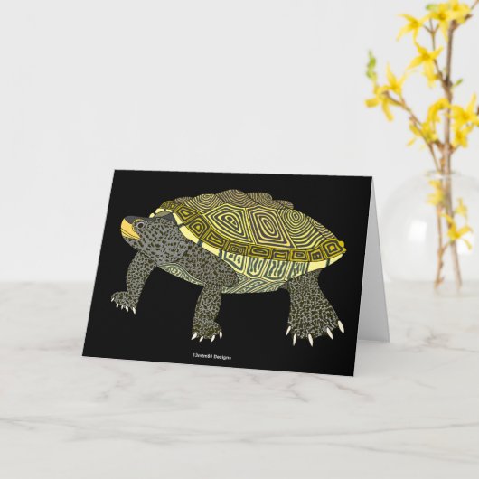 Terrapin (zwart) - Wenskaart Kaart (Gele Bloem)