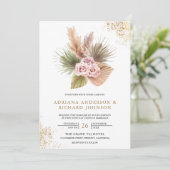 Terrarium Pampas Stof Roze Rozen QR Code Trouwen Kaart (Staand voorkant)