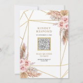 Terrarium Pampas Stof Roze Rozen QR Code Trouwen Kaart (Achterkant)