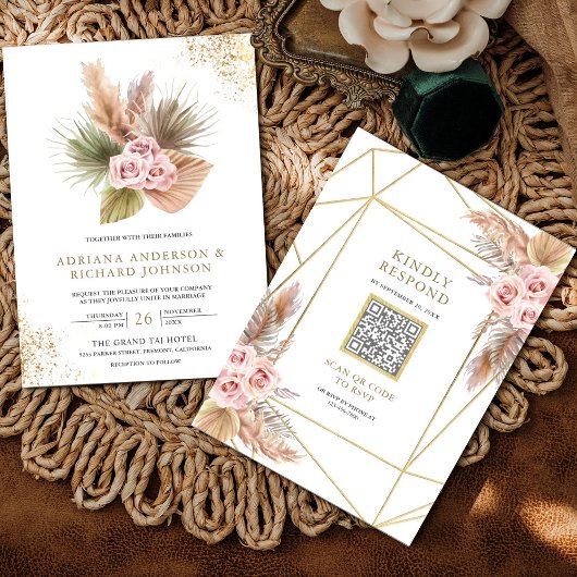 Terrarium Pampas Stof Roze Rozen QR Code Trouwen Kaart