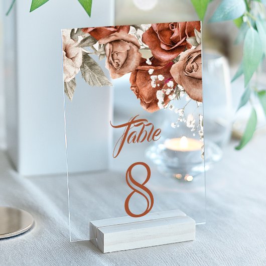 Terrarotta bloem bruiloft acrylic tafelnummer