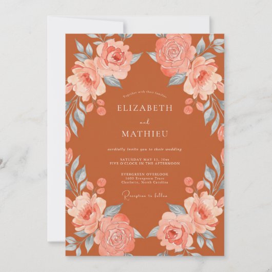 Terrarotta Blush Botanische Bloei Bruiloft Kaart (Voorkant)